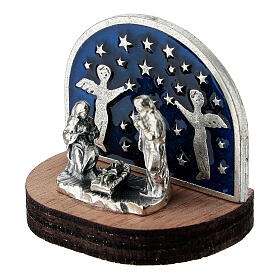 Nativity on wooden base with starry background and angels, 1.2x1.2x0.8 in