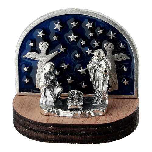 Holy Family on Wooden Base with Starry Background and Angels, 3x3x2 cm 1