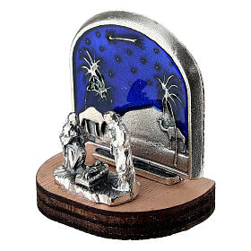 Silver Nativity Scene on wood base, desert background, 1.2x1.2x0.8 in