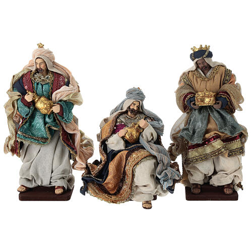 Presepe completo stoffa colorata base legno 30 cm 5