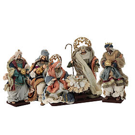 Complete Nativity scene set with colored fabric and wooden base, 30 cm