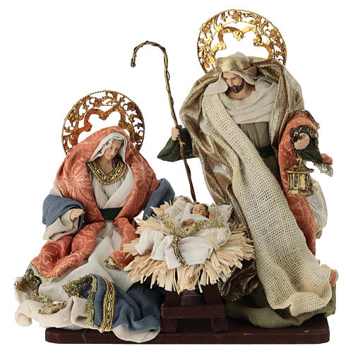 Complete Nativity scene set with colored fabric and wooden base, 30 cm 2
