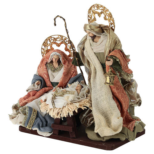 Complete Nativity scene set with colored fabric and wooden base, 30 cm 4