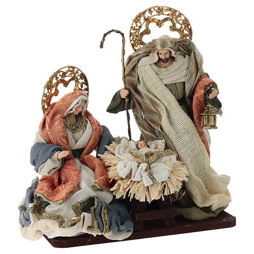Complete Nativity scene set with colored fabric and wooden base, 30 cm 6