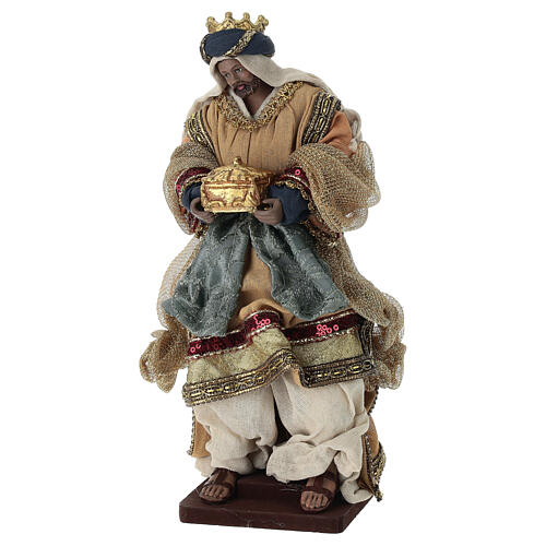 Complete Nativity scene set with colored fabric and wooden base, 30 cm 7