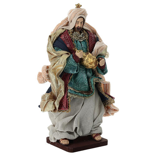 Complete Nativity scene set with colored fabric and wooden base, 30 cm 9