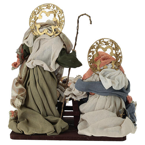 Complete Nativity scene set with colored fabric and wooden base, 30 cm 10
