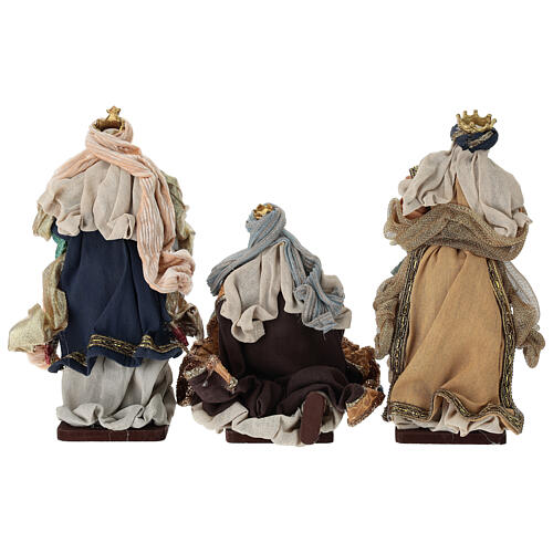 Complete Nativity scene set with colored fabric and wooden base, 30 cm 11