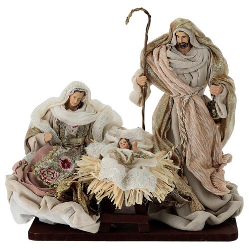 Presepe completo stoffa base legno oro e rosa 30 cm 2