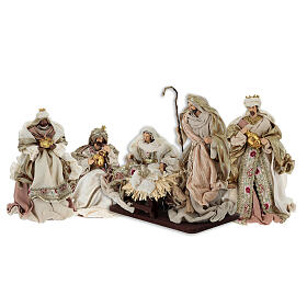 Complete Nativity Set Fabric on Wooden Base, Gold and Pink, 30 cm