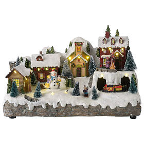 Villages de Noël miniatures: Village de Noël avec bonhomme de neige en mouvement 25x35x15 cm