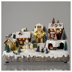 Villages de Noël miniatures: Village de Noël avec bonhomme de neige en mouvement 25x35x15 cm
