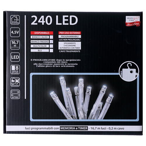 Bright Christmas cable 240 leds cold white with memory and timer external use with batteries 5