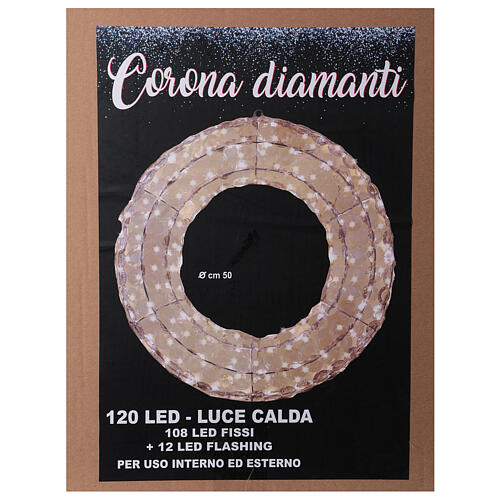 Luz corona diamantes 120 led h 50 cm uso int ext blanco frío 8
