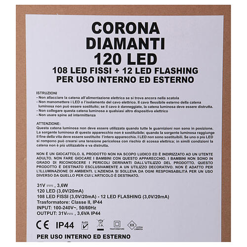 Luce corona diamanti 120 led h 50 cm uso int est bianco caldo 9
