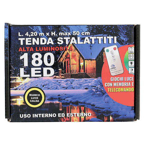Tenda natalizia stalattiti 180 led telecomando luce calda 4,2 m esterno 6