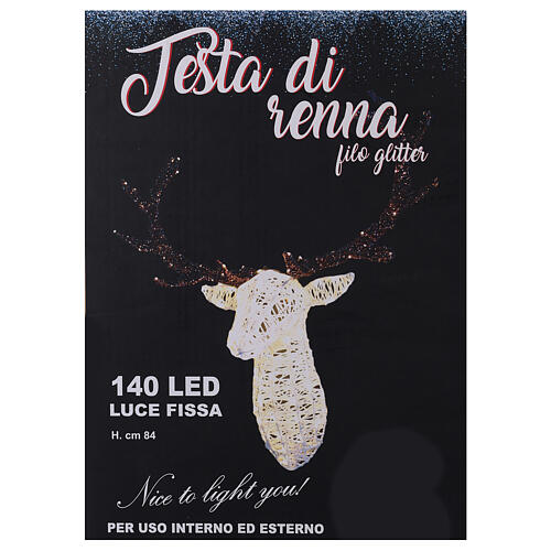 Decoração luminosa cabeça de veado branca e castanha 140 lâmpadas LED, altura 84 cm, interior/exterior 9