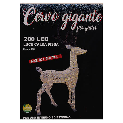 Cerf Noël fil paillettes 200 LEDs blanc chaud 100 cm int/ext 8