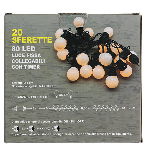 Light chain with 20 balls of 5 cm 80 warm white LEDs 6,65 m indoor/outdoor 6