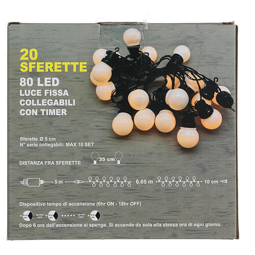 Guirlande lumineuse 20 sphères 5 cm 80 LEDs blanc chaud 6,65 m int/ext 6