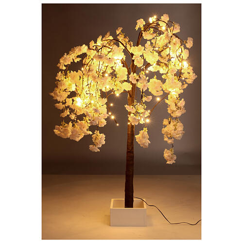 Lumières florales- Arbre lumineux enneigé orné d'un nid d'oiseau , 120  DELS, intérieur seulement. Base en bois, adaptateur CA, dimension 23.5''x
