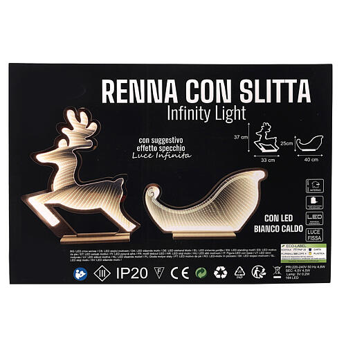 Infinity mirror Reindeer with sleigh, indoor light decoration with warm white LED 12