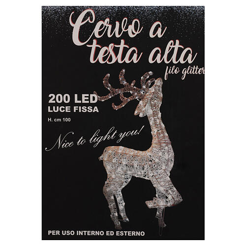 Ciervo cabeza alta 200 led blanco hielo int ext hilo purpurina 100 cm 6