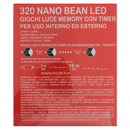 Cadena luces navideñas 320 nano bean led luz fría uso int/ext 16 m 7