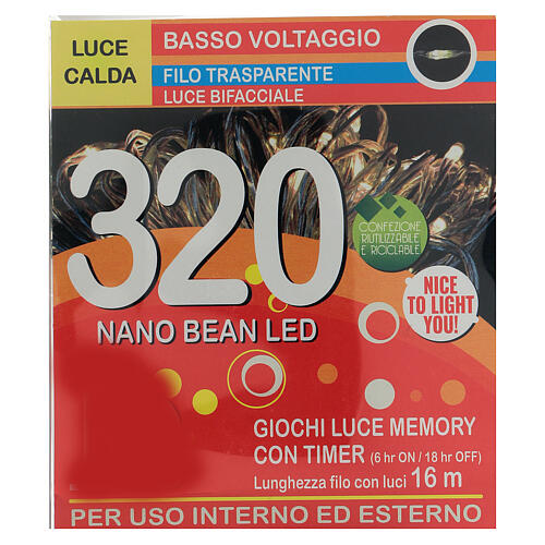 Cadena luces navideñas 320 nano bean led luz cálida uso int/ext 16 m 6