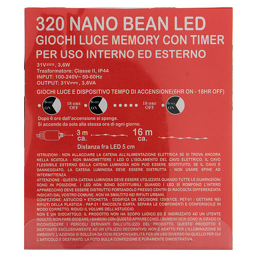 Cadena luces navideñas 320 nano bean led luz cálida uso int/ext 16 m 7