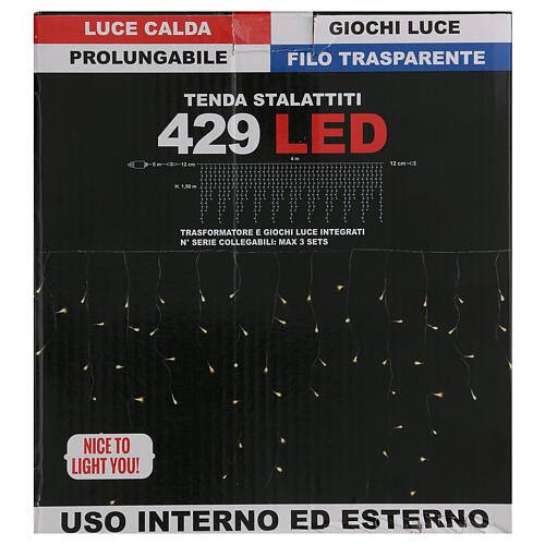 Cortina luminosa estalactites 429 luzes LED branco quente para interior/exterior 4 m 6