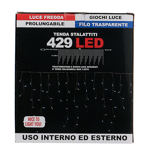 Cortina luminosa estalactites 429 luzes LED branco frio para interior/exterior 4 m 4