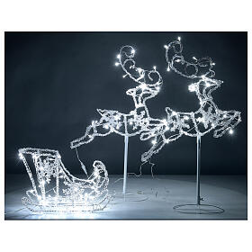 Lighted reindeers with sleigh, crystal-effect wire, 120 cold LED flashing lights, indoor/outdoor