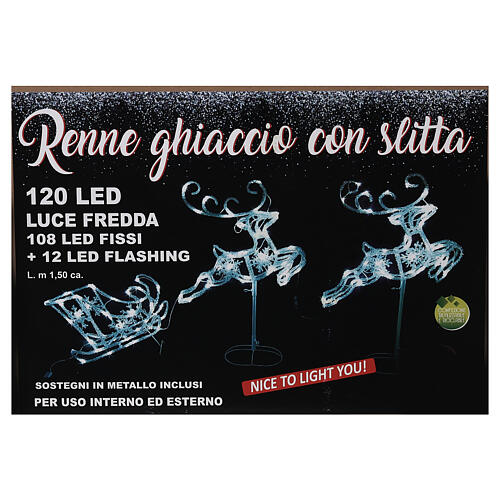 Lighted reindeers with sleigh, crystal-effect wire, 120 cold LED flashing lights, indoor/outdoor 7