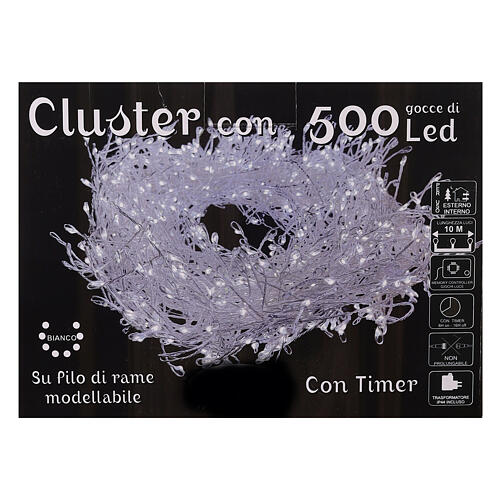 Cluster of 500 LED drops, cold white, 10 m, timer and light modes, copper pliable cable 6