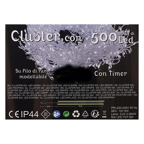 Cluster of 500 LED drops, cold white, 10 m, timer and light modes, copper pliable cable 7