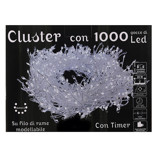 Cluster of 1000 LED drops, cold white, 20 m, timer and light 
modes, copper pliable cable 6