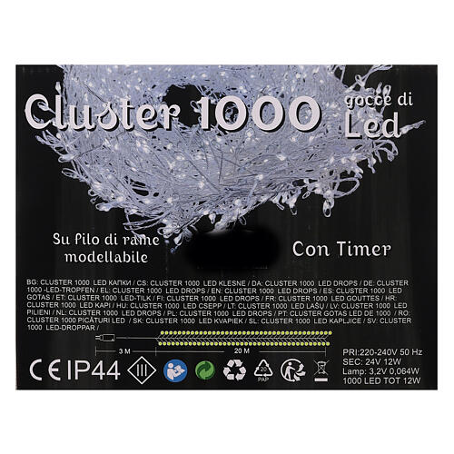 Cluster of 1000 LED drops, cold white, 20 m, timer and light 
modes, copper pliable cable 7