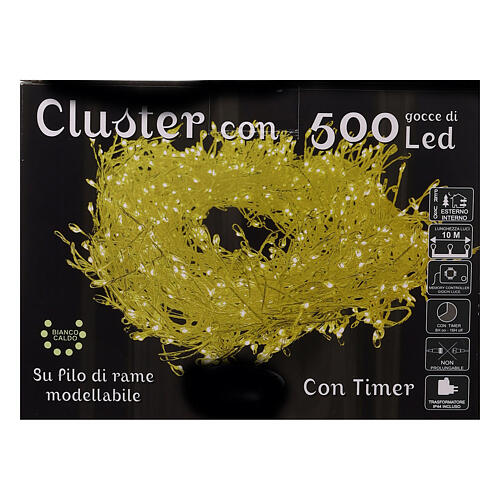 Cluster of 500 LED drops, warm white, 10 m, timer and light 
modes, copper pliable cable 6
