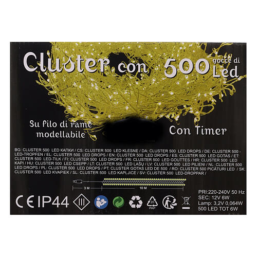 Cluster 500 gocce di led 10 m timer e giochi di luce cavo rame modellabile bianco caldo 7