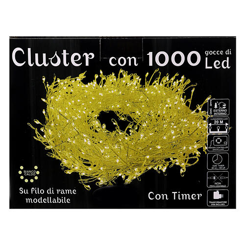 Cluster 1000 gocce di led bianco caldo cavo rame 20 m timer e giochi di luce 6