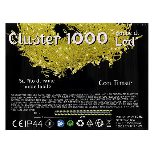 Cluster 1000 gocce di led bianco caldo cavo rame 20 m timer e giochi di luce 7