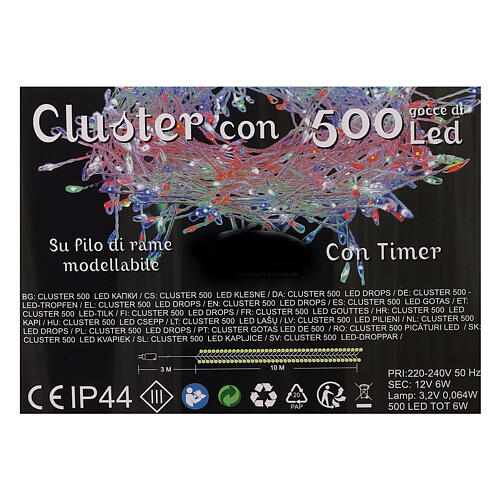 Cluster of 500 LED drops, multicoloured, 10 m, timer and light 
modes, copper pliable cable 6