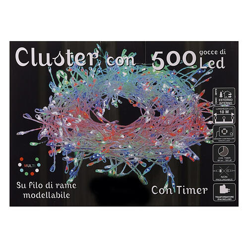 Cluster of 500 LED drops, multicoloured, 10 m, timer and light 
modes, copper pliable cable 7