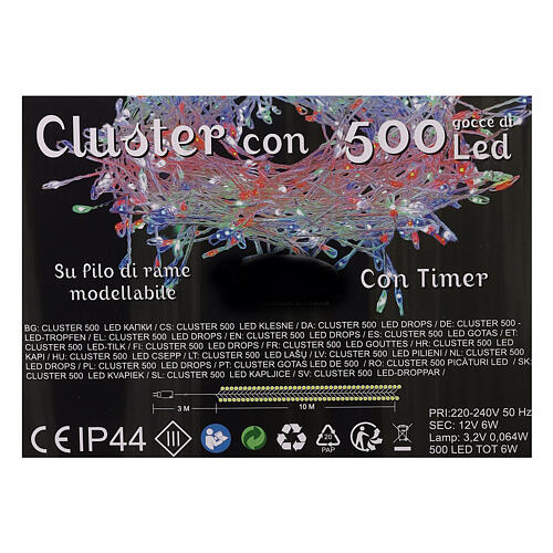 Cluster 500 drops of multicolored led 10 m timer and light effects mouldable copper cable 6