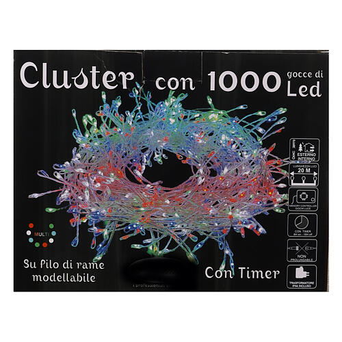 Cluster of 1000 LED drops, multicoloured, 20 m, timer and light 
modes, copper pliable cable 6