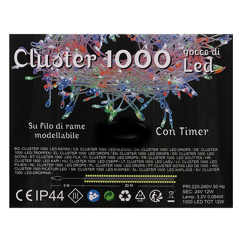 Cluster 1000 gotas de led cable cobre 20 m temporizador y juegos de luz multicolor 7