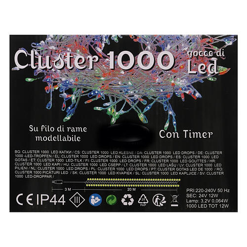 Cluster 1000 gocce di led cavo rame 20 m timer e giochi di luce multicolore 7