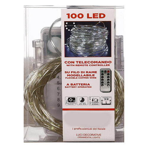 Battery Christmas lights, 100 cold white LED drops, pliable copper cable, 10 m, with remote 7