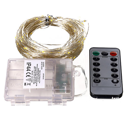 Battery Christmas lights, 100 cold white LED drops, pliable copper cable, 10 m, with remote 8